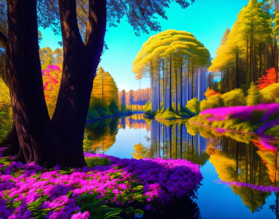 Colorful forest and river scene with pink and purple flowers under blue sky