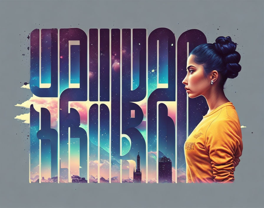 Profile of Woman with Bun Hair in Cosmic Cityscape Typography Blend