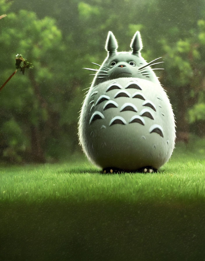 Gray Plushy Creature with Pointy Ears on Grass with Raindrops