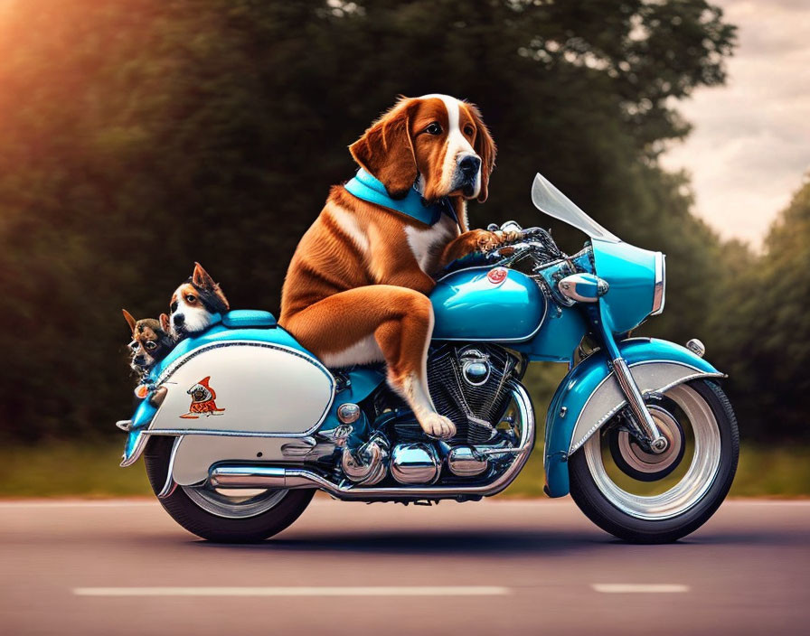 Brown and White Dog in Sunglasses Riding Blue Motorcycle with Small Dogs on Road