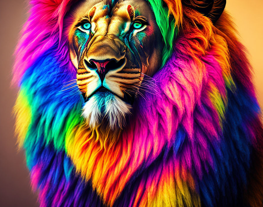 Colorful Lion Artwork with Rainbow Mane on Warm Background