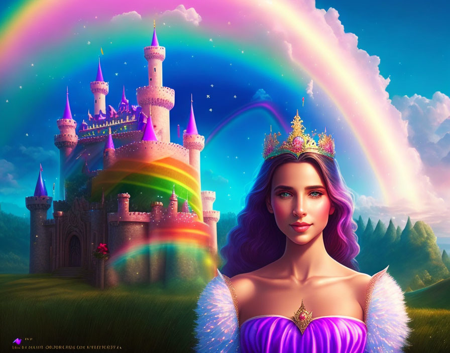 Fantasy illustration of woman with crown in vibrant castle setting