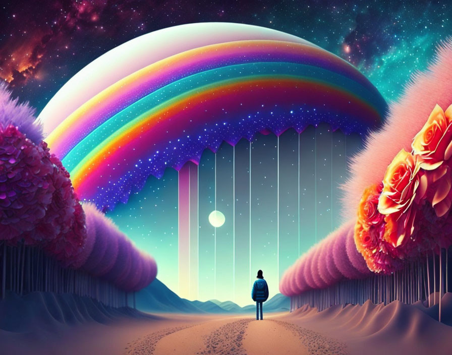 Person in fantastical landscape with rainbow, waterfalls, stars, and floral formations