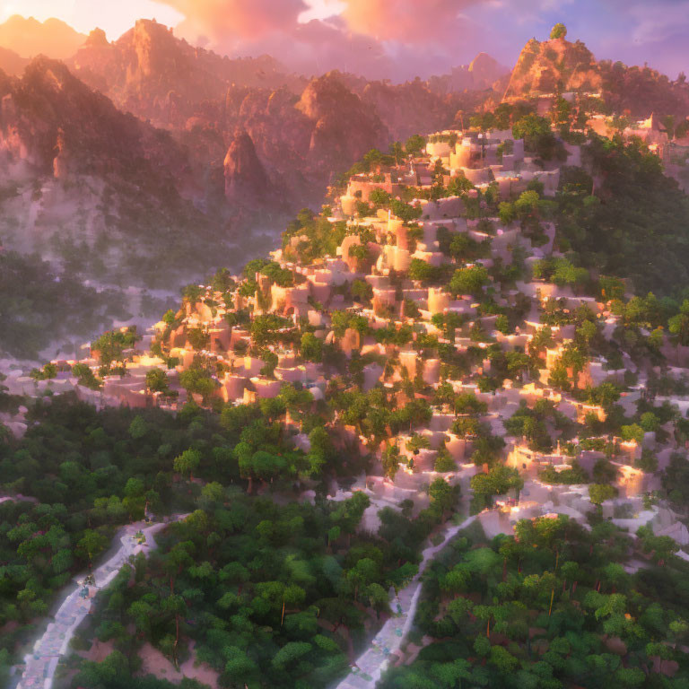 Lush terraced mountain at sunset with scattered structures