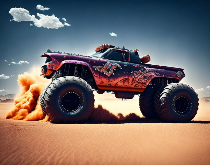 Intricately designed monster truck in desert landscape