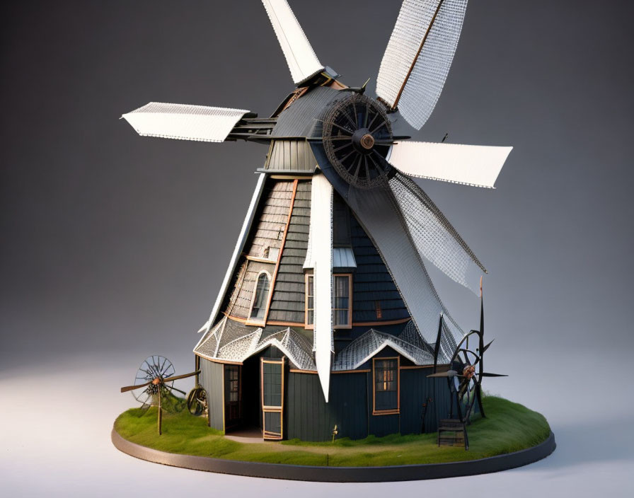 Traditional windmill model with white blades and conical roof on circular base.