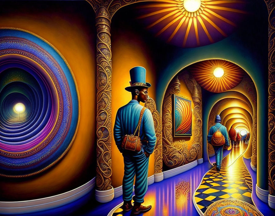 Man in Top Hat Observes Vibrant Spiral Tunnels with Sun-like Centers