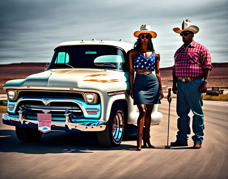 Man and woman in cowboy hats with sunglasses by classic pickup truck on sunny day.