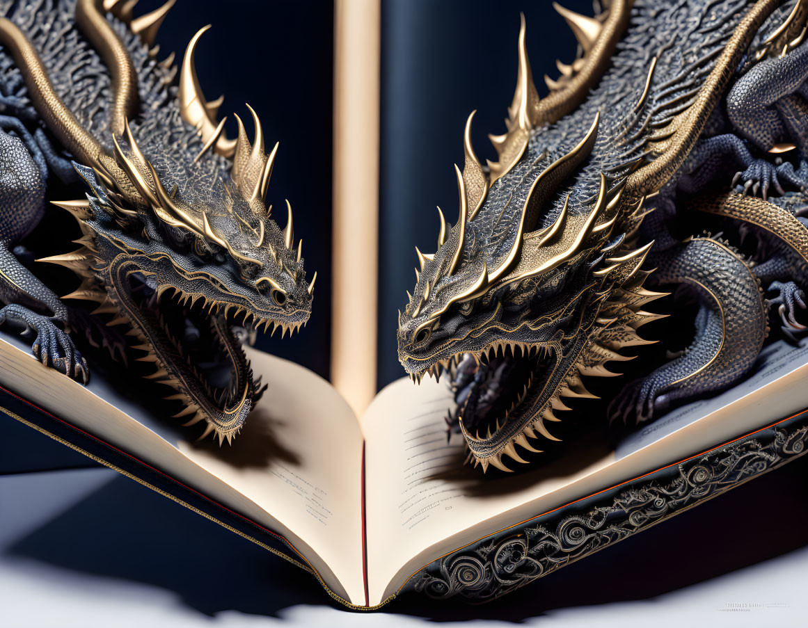 Intricate Golden Dragon Sculptures in Open Book