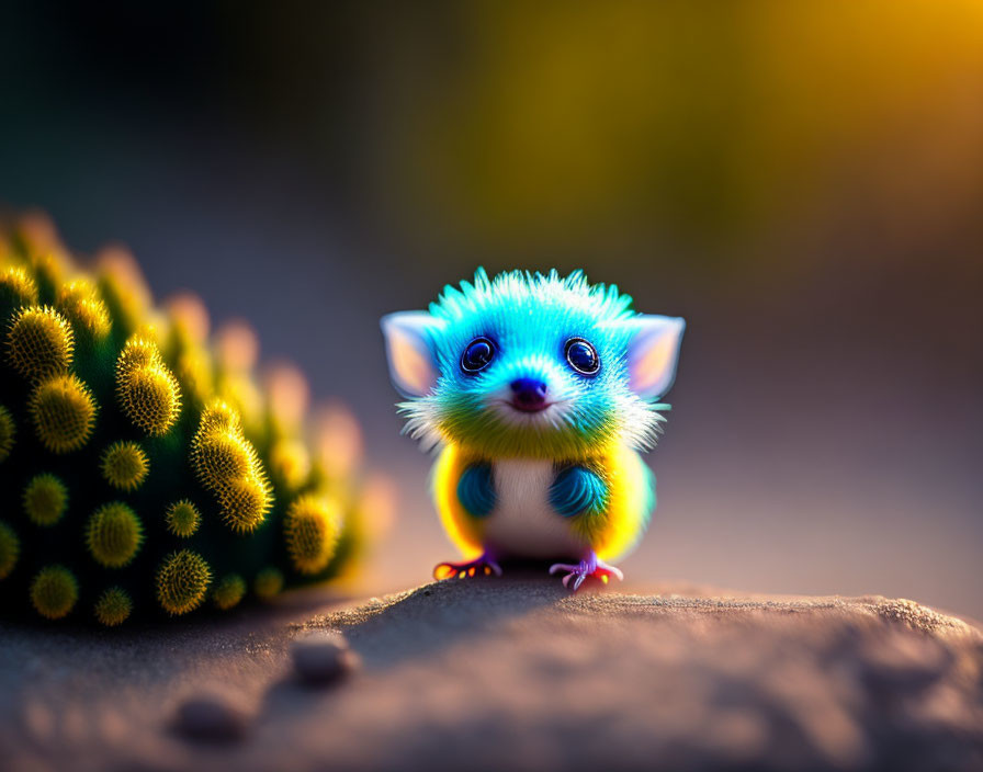 Blue-furred creature with large eyes next to cactus in warm-toned setting