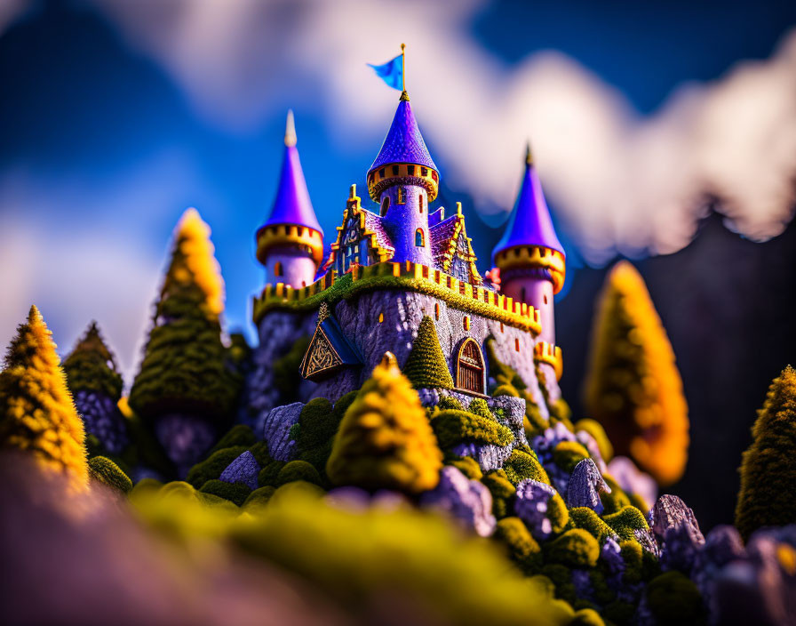 Miniature castle with purple turrets and trees on blurred cloud background