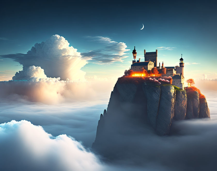 Mystical castle on steep rock in sunset with crescent moon