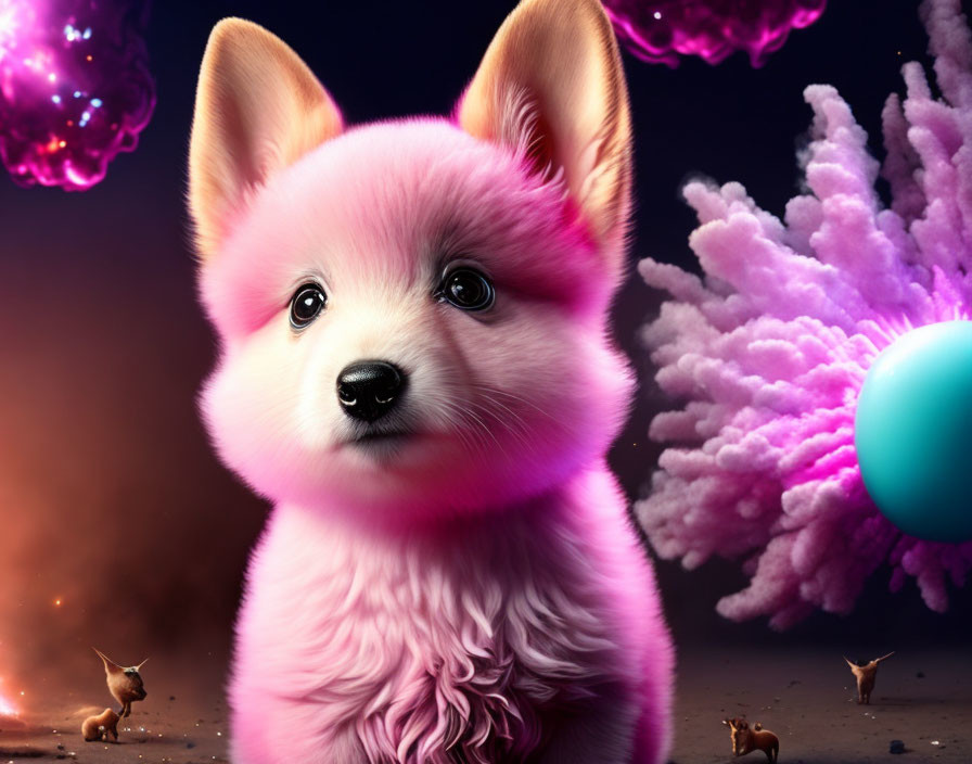 Fluffy pink puppy in fantasy scene with coral structures and deer-like creatures