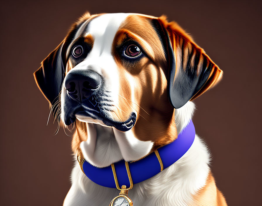 Realistic digitally created dog with blue collar and gold medallion on brown background