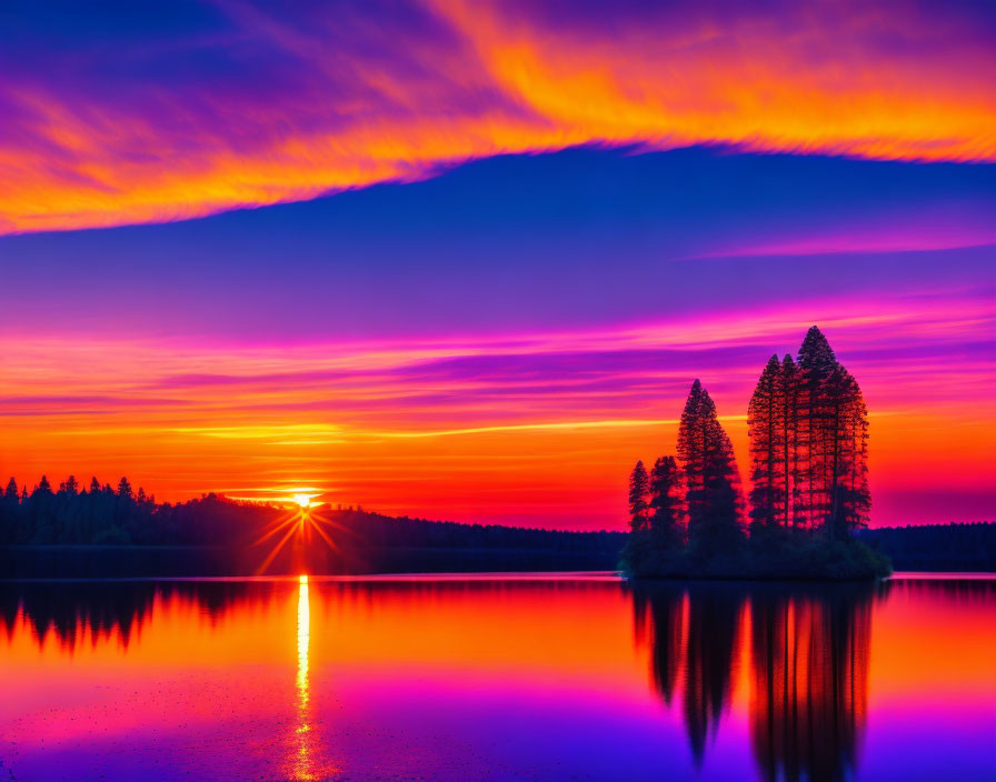 Vivid sunset over calm lake with silhouetted trees on small island.