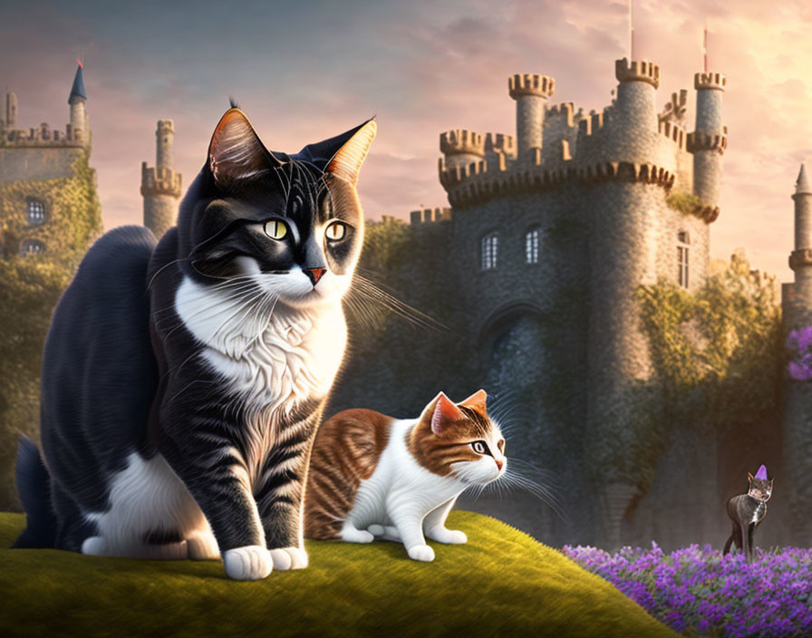 Digital artwork: Two large cats in fantasy landscape with castle, tiny cat knight