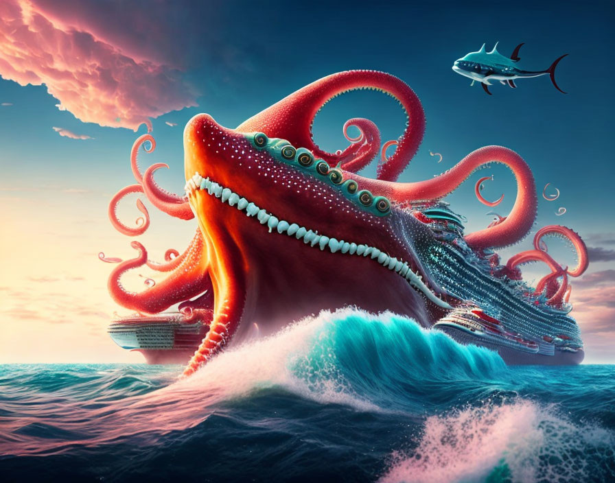 Giant red octopus dwarfs ship with shark under sunset sky