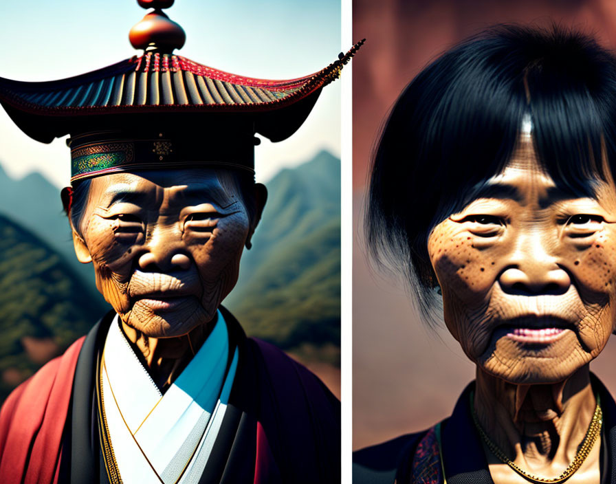 Elderly Asian couple in traditional attire against mountain backdrop