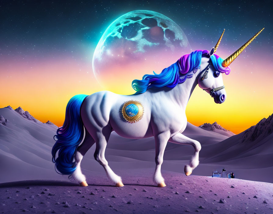 Majestic unicorn with rainbow mane in moonlit mountain landscape