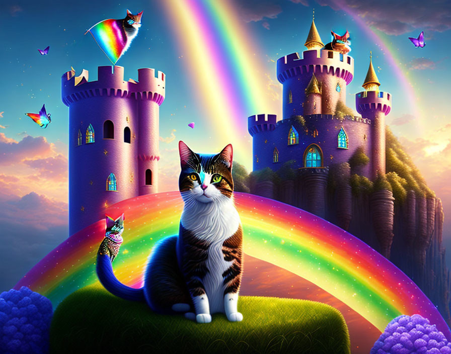 Colorful Fantasy Sky with Tabby Cat and Magical Castles