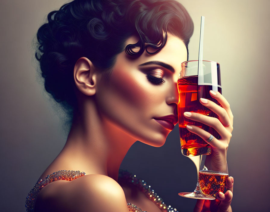 Elegant woman with curls and makeup holding a tall glass straw