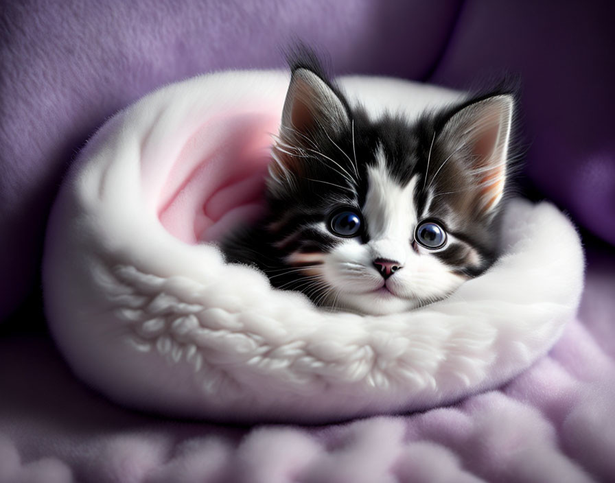 Adorable black and white kitten with blue eyes in cozy pink bed