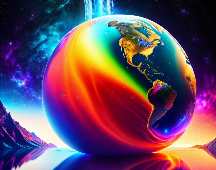 Colorful Earth artwork with cosmic background and mirror-like surface