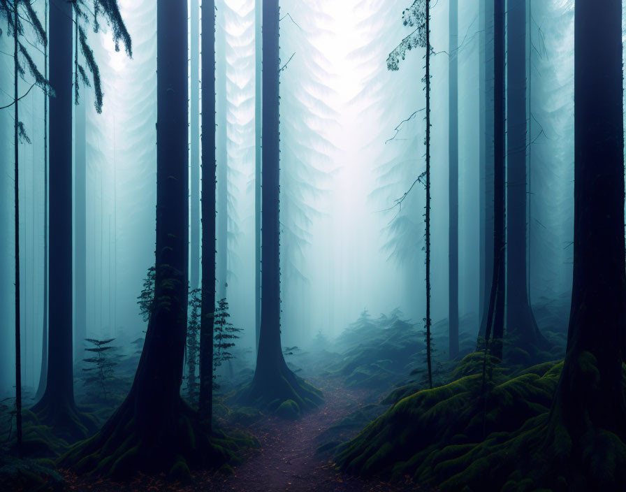 Misty Forest with Towering Trees and Narrow Path