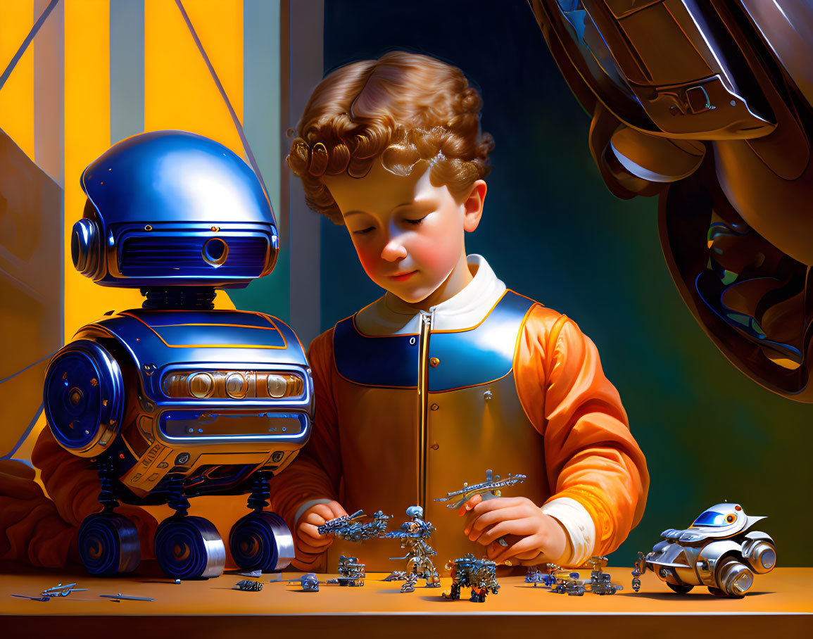 Child in vintage outfit assembling model with friendly robot in warm lighting