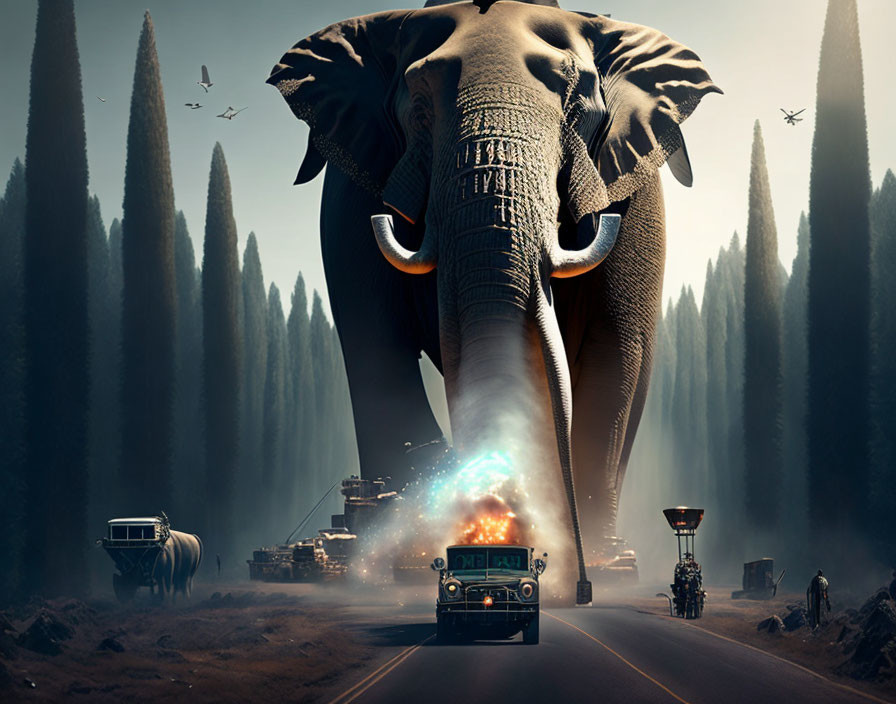 Giant elephant emits cosmic burst over surreal road scene