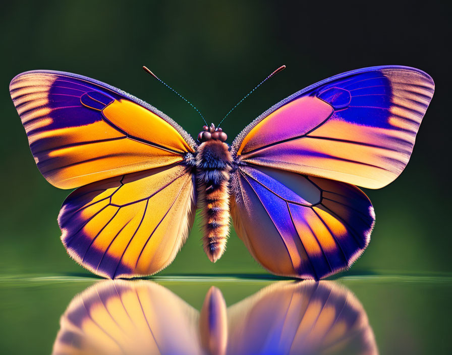 Colorful Butterfly with Yellow and Purple Wings on Glossy Green Background