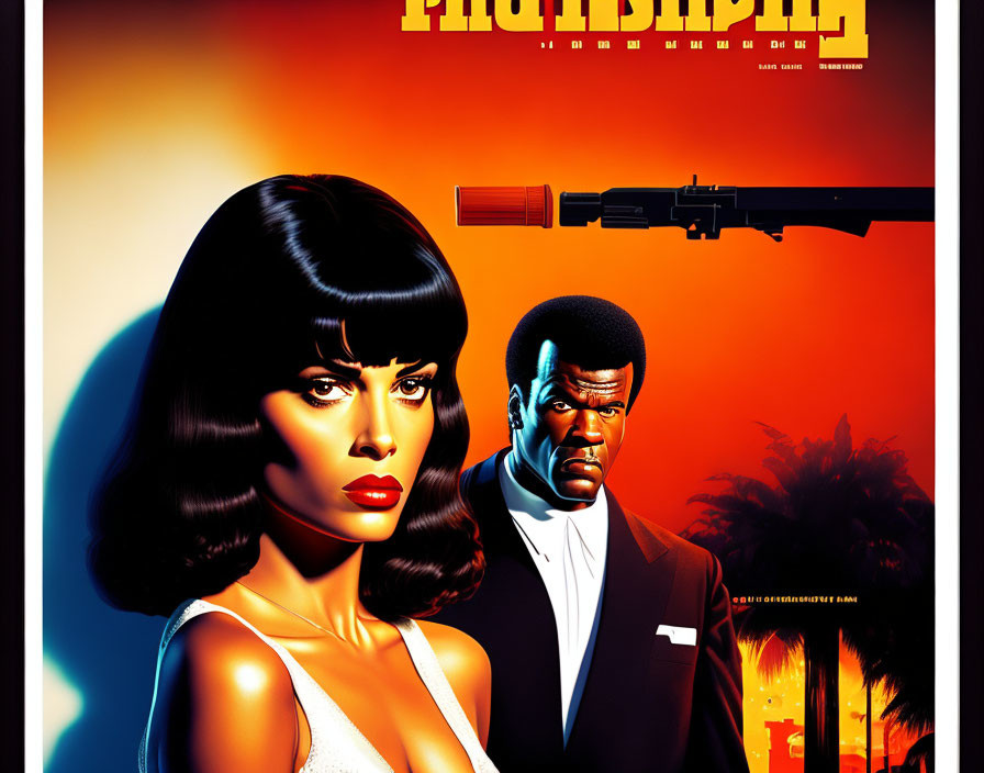 Colorful Movie Poster: Stylized Woman with Bob Haircut and Man in Suit with Gun on