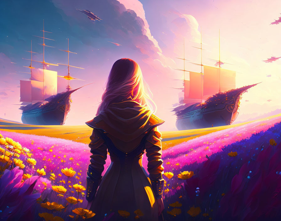 Person in vibrant flower field at sunset with ships in sky.