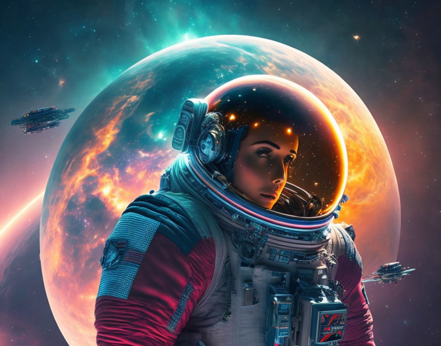 Reflective helmet astronaut with cosmic backdrop and planet.