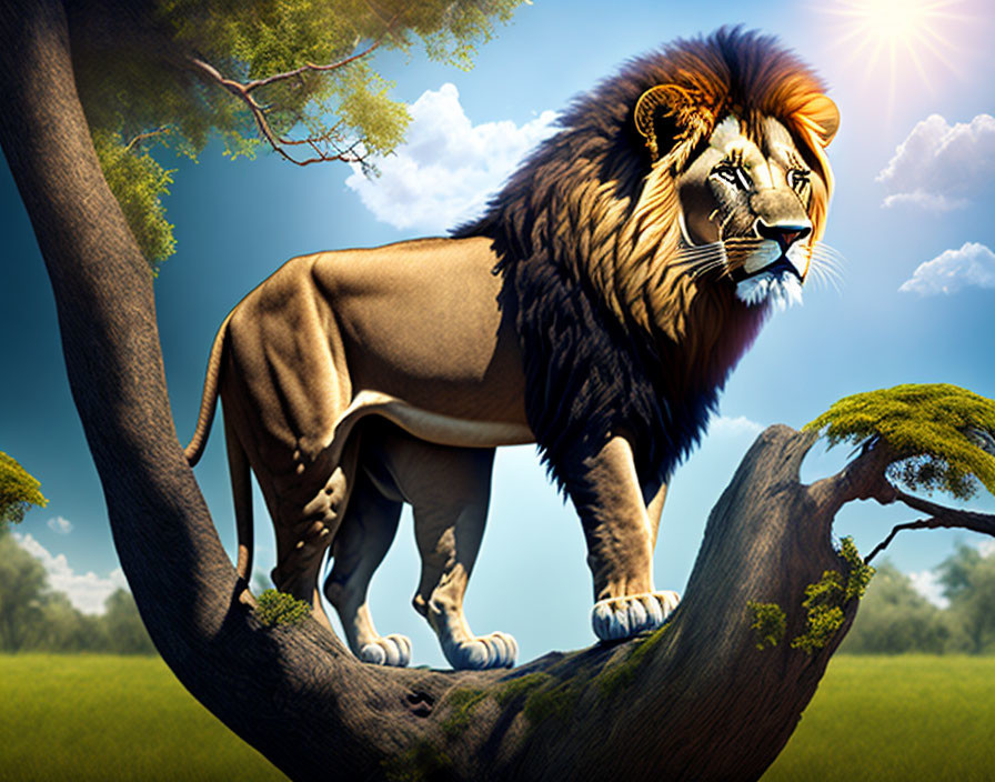 Majestic lion on tree branch under sunny sky and greenery