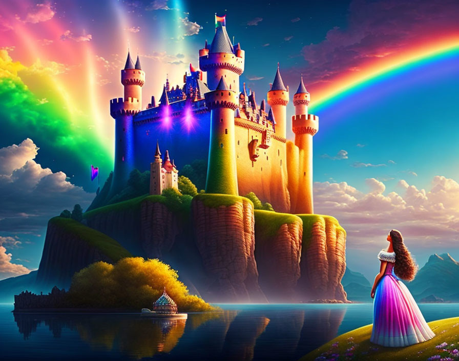 Castle on Cliff Overlooking Rainbow and Woman by Lake