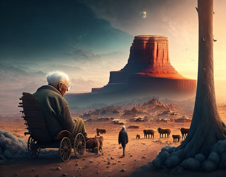 Elderly person on rocking chair gazes at desert scene with rock formation, sheep, dogs,