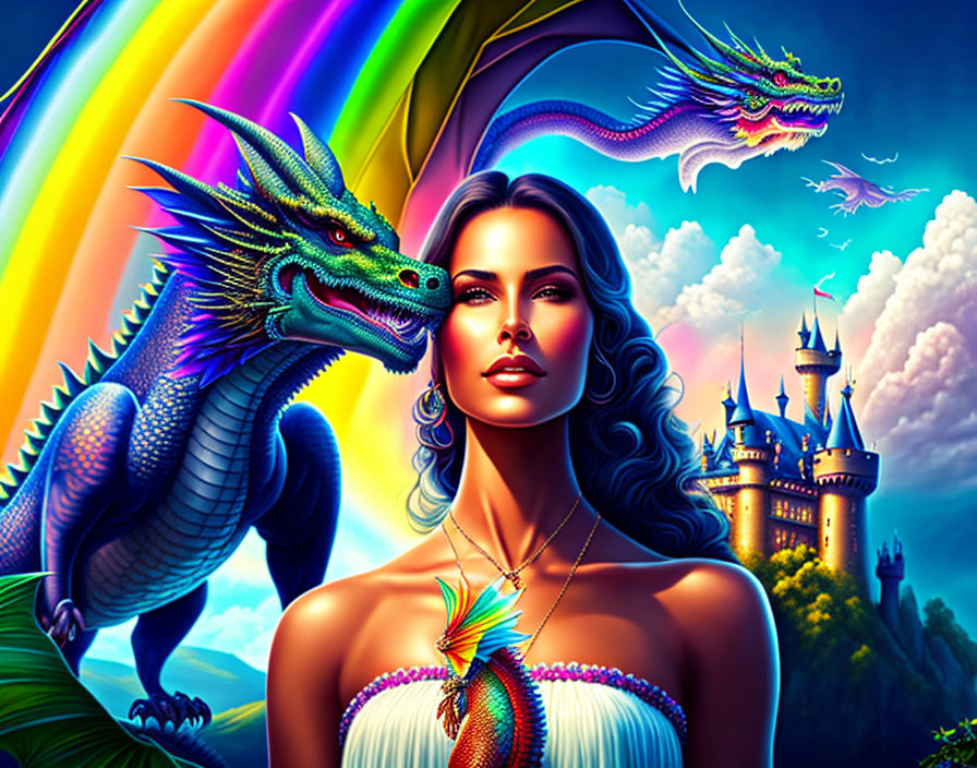 Fantasy artwork of woman with feather necklace, blue dragon, castle, and rainbow.