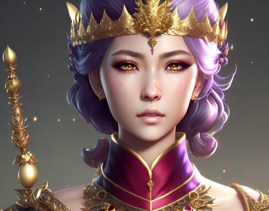 Digital portrait of woman with purple hair, gold crown, and regal attire