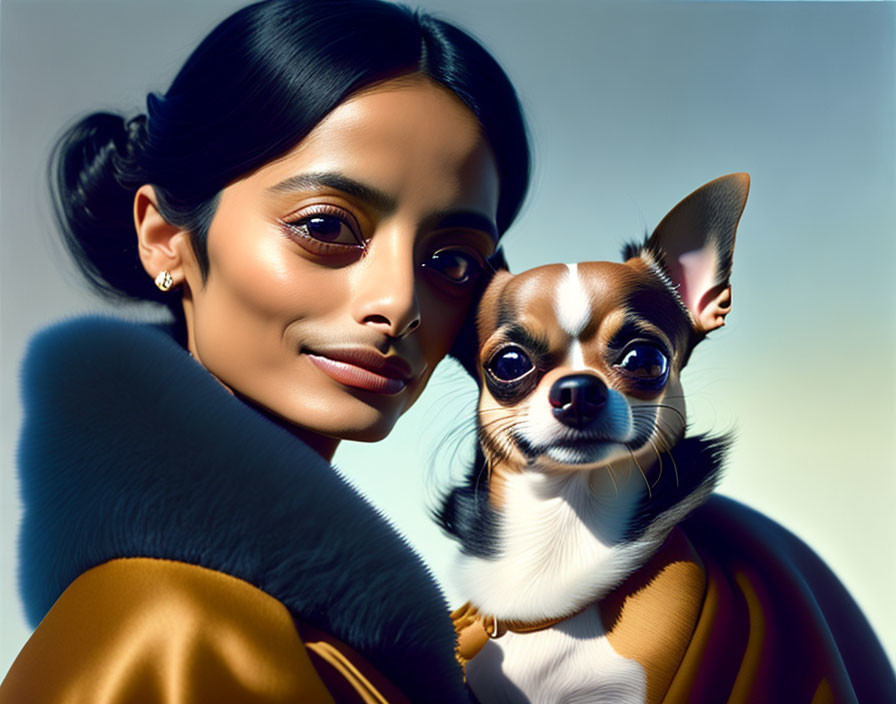 Stylized illustration: Woman with dark hair and Chihuahua in yellow and blue outfits on