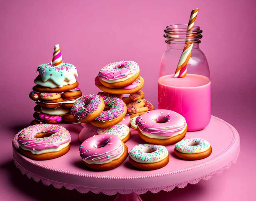 Assortment of sprinkled doughnuts with pink milk jar and striped straw on pink backdrop