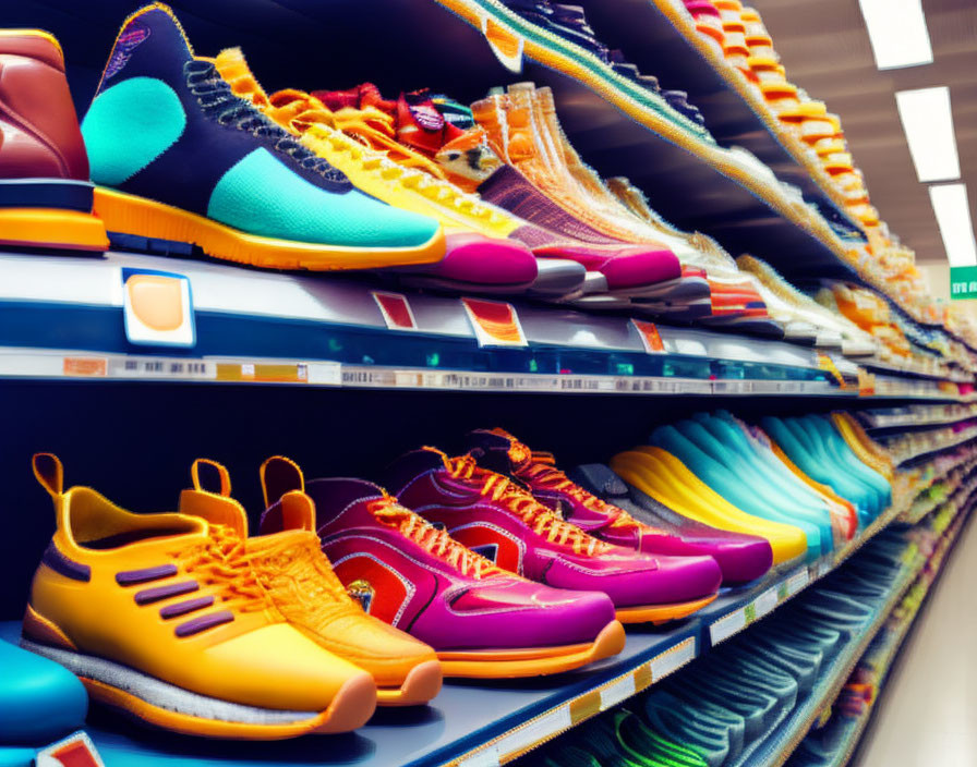 Colorful Athletic Shoes Displayed on Shelves in Retail Store Environment