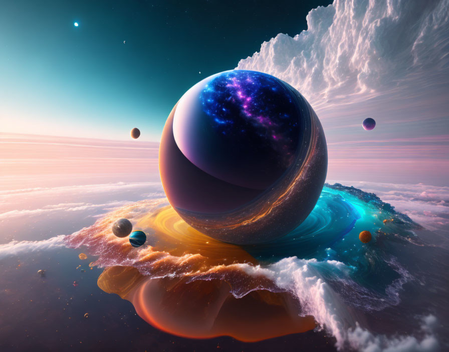 Vibrant reflective sphere in surreal cosmic scene