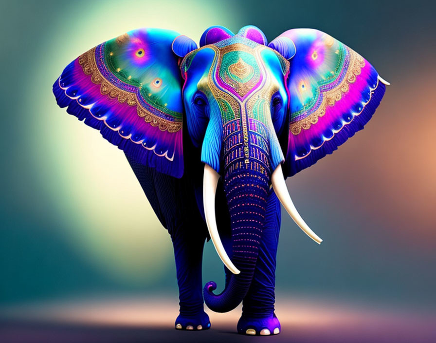 Colorful Digital Elephant Art with Peacock-Inspired Ears