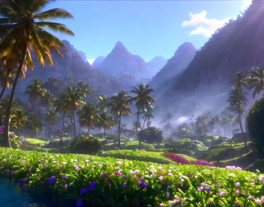 Tropical Paradise: Palm Trees, Flowers, Mountains & Sunbeams