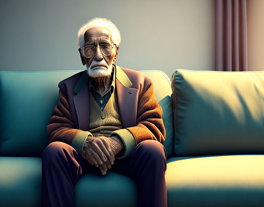 Elderly man with white hair and glasses sitting on blue sofa in suit and sweater