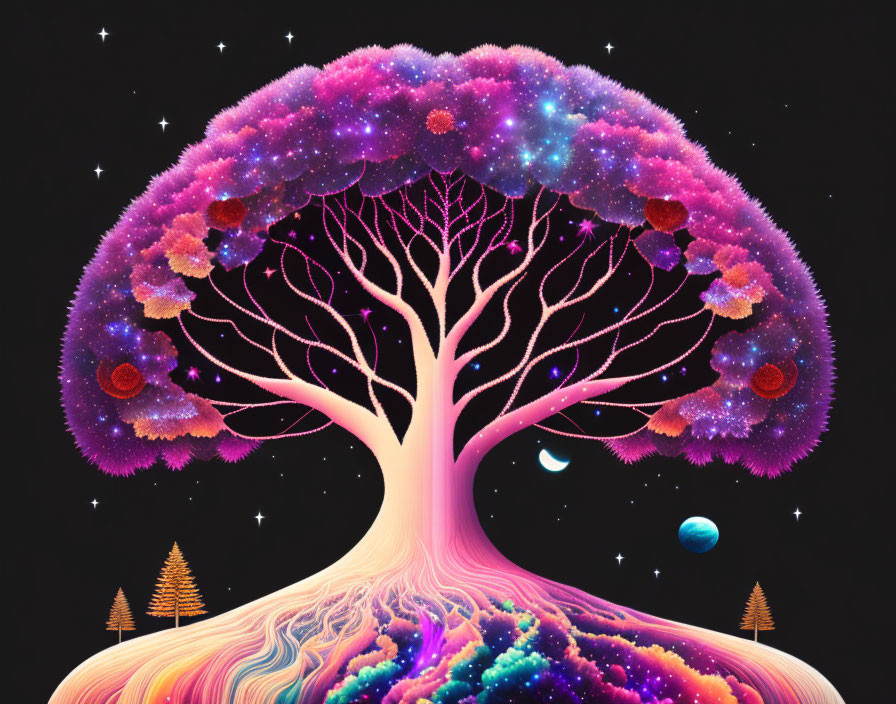 Colorful cosmic tree illustration with starry foliage and planet branches