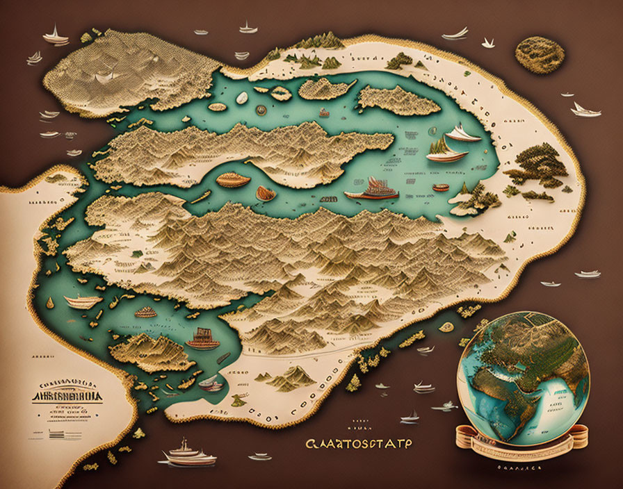 Fantasy map with islands, mountains, forests, ships, compass, and globe inset