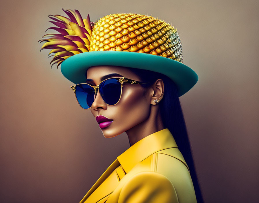 Stylized sunglasses and pineapple hat on elegant woman against brown backdrop