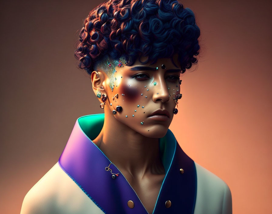 Portrait of person with blue curly hair and colorful jewels, in high-collared jacket.